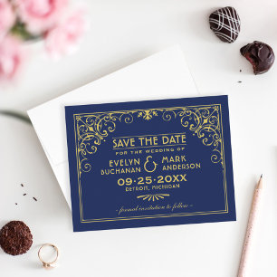 Tiefblaue Gold Art Deco Rahmen Hochzeit Save The Date