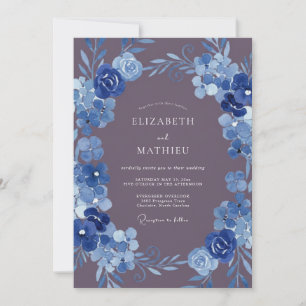 Tiefblaue malerische Blumenhochzeit Einladung