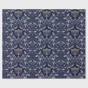 Tiefblaue Menora im William-Morris-Muster Geschenkpapier