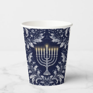 Tiefblaue Menora im William-Morris-Muster Pappbecher