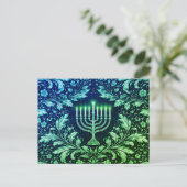 Tiefblaue Menora im William-Morris-Muster Postkarte (Stehend Vorderseite)