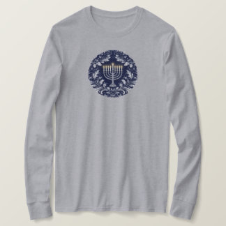 Tiefblaue Menora im William-Morris-Muster T-Shirt
