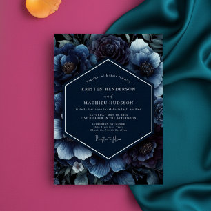 Tiefblaue opulente Hochzeitsblumen Einladung