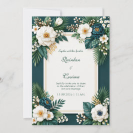 Tiefblaue Pfingstrose Smaragd-Tropen-Rand-Hochzeit Einladung
