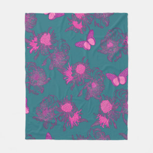 Tiefblaue rosa Schmetterlings-Blumen-Fliesblanke Fleecedecke