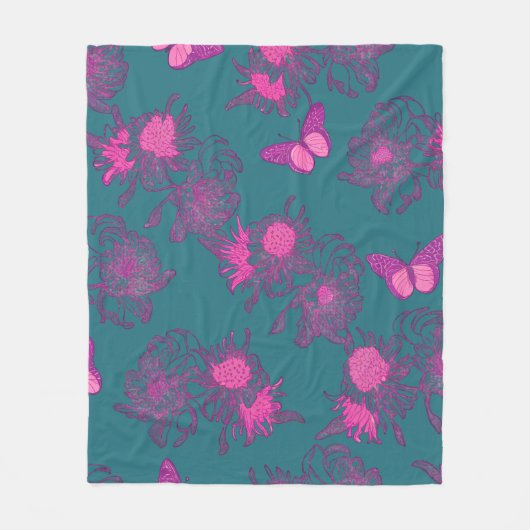 Tiefblaue rosa Schmetterlings-Blumen-Fliesblanke Fleecedecke (Vorderseite)