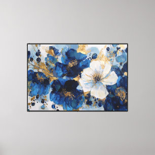 Tiefblaue und goldene Blumenmalerei – Abstrakte Wa Leinwanddruck