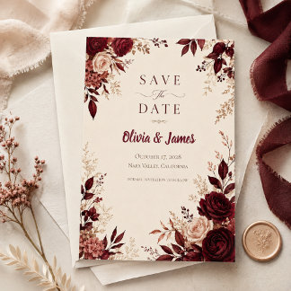 Tiefburgunder Romantische Hochzeit im Herbst Save The Date