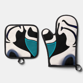 Tiefe: Abstrakt Schwarz, Weiß und Blau Ofenhandschuh & Topflappen-Set