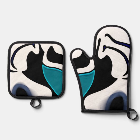 Tiefe: Abstrakt Schwarz, Weiß und Blau Ofenhandschuh & Topflappen-Set (Vorderseite)