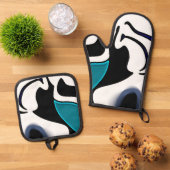 Tiefe: Abstrakt Schwarz, Weiß und Blau Ofenhandschuh & Topflappen-Set (Oben Unten)