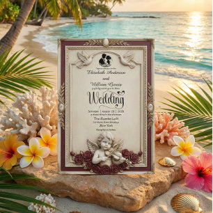 Tiefe Burgunderrote Rose & Cherub Vintage Hochzeit Einladung