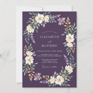 Tiefe Pflaumen-Blumenkranz-Hochzeit Einladung