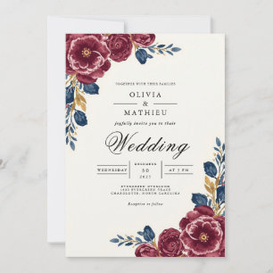 Tiefe Pflaumen-Blumenrand-Hochzeit Einladung
