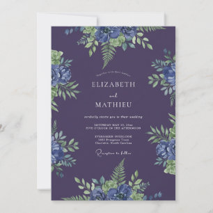 Tiefe Pflaumen-Indigo-Farn-Hochzeit Einladung