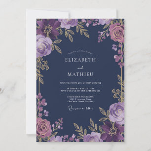 Tiefe Pflaumenblaue Florale Whimsy-Hochzeit Einladung