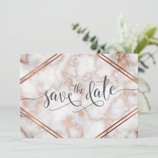 Tiefe Rose Gold/Kupfer-Marmorkalligraphie Save The Date (Stehend Vorderseite)