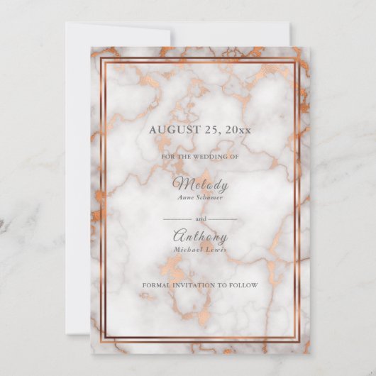 Tiefe Rose Gold/Kupfer-Marmorkalligraphie Save The Date (Rückseite)