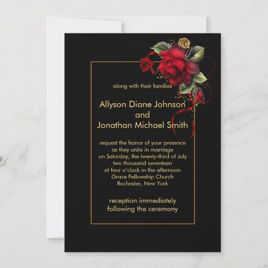 Tiefe Rote Rosen Grün-Gold-Glitzern Hochzeit| Einladung (Vorderseite)