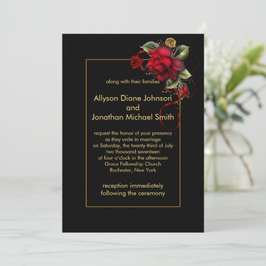 Tiefe Rote Rosen Grün-Gold-Glitzern Hochzeit| Einladung (Stehend Vorderseite)