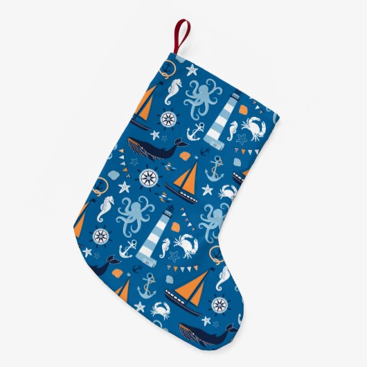 Tiefes Blau alle Sachen nautisch Kleiner Weihnachtsstrumpf (Vorderansicht (hängend))