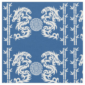 Tiefes Blau mit Drachen und Bambus Stoff
