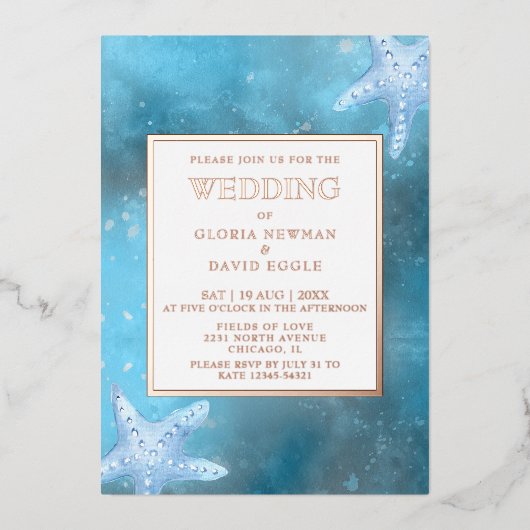 Tiefes blaues Meer Hochzeit Real Foil Folieneinladung (Vorderseite)