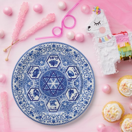 Tiefes blaues Passahfest Seder verzierte 9 Pappteller (Party)
