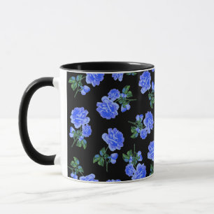Tiefes blaues Rosen-Blumenmuster auf Schwarzem Tasse