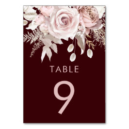 Tiefes Burgund & Blush Florale Hochzeitsfeier Tischnummer