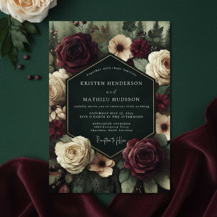 Tiefes Burgunderrot Florale Romanze Hochzeit Einladung
