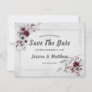 Tiefes Burgunderrot Silber Grau Aquarell Floral Ma Save The Date