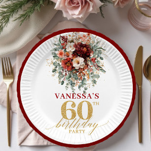 Tiefes Dunkelrot Gold Herbst 60. Geburtstag Papier Pappteller