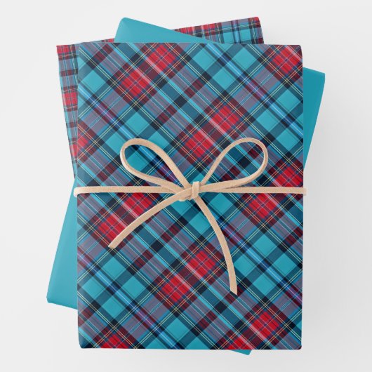 Tiefes Indigo, Aqua, Rot und Blautöne Karo Geschenkpapier Set (Beispiel)