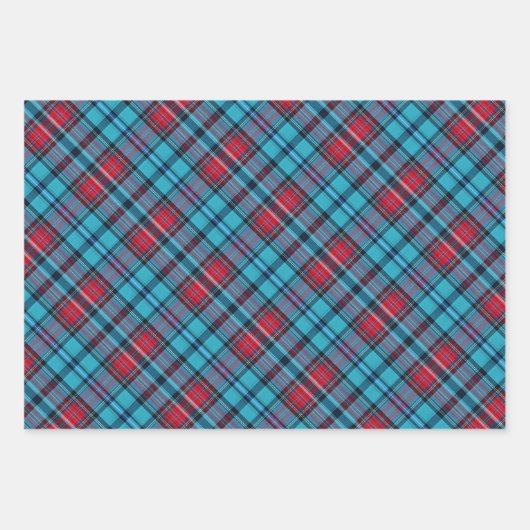 Tiefes Indigo, Aqua, Rot und Blautöne Karo Geschenkpapier Set (Vorderseite)