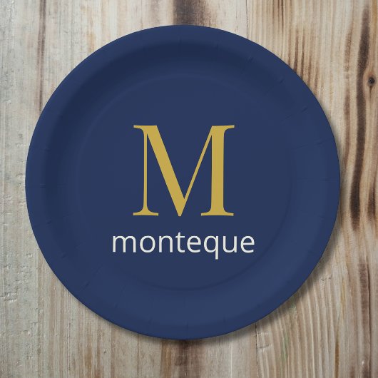 Tiefes Navy Gold Monogramm Personalisierter Name L Pappteller