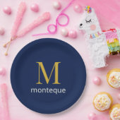 Tiefes Navy Gold Monogramm Personalisierter Name L Pappteller (Party)