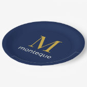 Tiefes Navy Gold Monogramm Personalisierter Name L Pappteller (Schrägansicht)