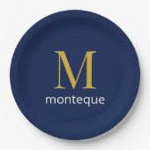Tiefes Navy Gold Monogramm Personalisierter Name L Pappteller (Vorderseite)