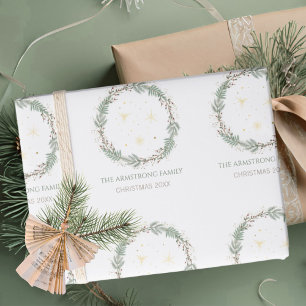 Tiefes Salbei-Kranz Goldene Sterne Weihnachten Fam Geschenkpapier