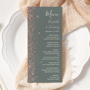 Tiefes Salbeigrün Rosen Gold Glitter Rand Hochzeit Menükarte