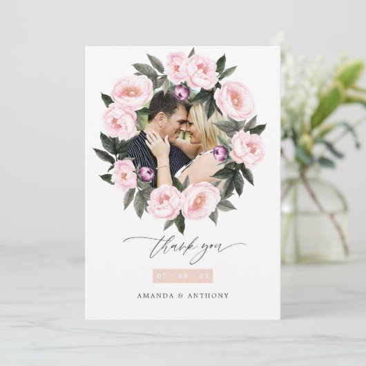 Tiefes Velvet und blush-rosa Blumengebirge Foto fü Dankeskarte (Stehend Vorderseite)