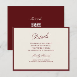 Tiefes Weinrot Old Money QR Hochzeitsdetails Karte