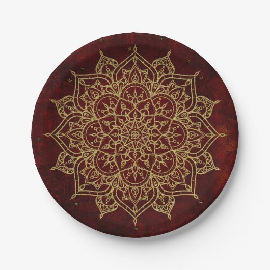 Tiefes Weinrotes Mandala & Gold Glam Modern Chic Pappteller (Vorderseite)