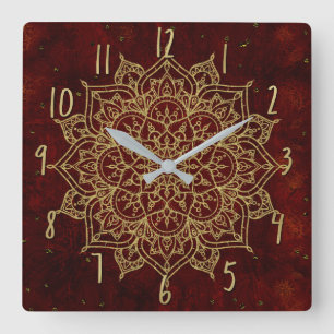 Tiefes Weinrotes Mandala & Gold Glam Modern Chic Quadratische Wanduhr
