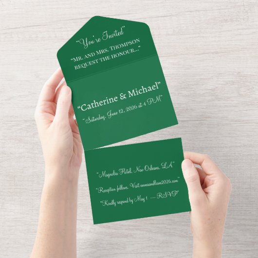Tiefgrüne All-in-One-Hochzeits-Einladung – Modern All In One Einladung (Abreißtisch)