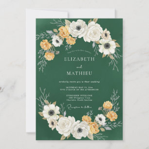 Tiefgrüne Elfenbein-Blumenhochzeit Einladung