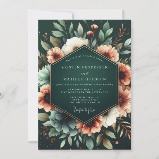 Tiefgrüne florale opulente Hochzeit Einladung (Vorderseite)