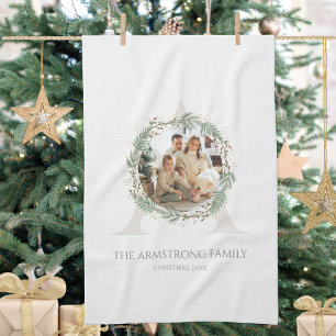 Tiefgrüne Kranz-Monogramm-Foto-Weihnachten Geschirrtuch