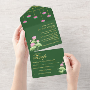 Tiefgrüne Lotusblumen-Indische Hochzeit  All In One Einladung